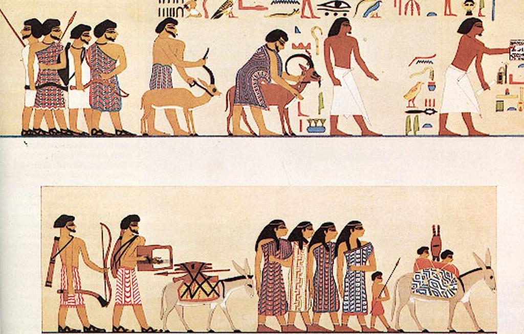 上图:主前20世纪古埃及贵族克努姆霍特普二世(Khnumhotep II)的墓穴壁画,画着37个亚伯拉罕同时代的闪族人在其首领Absha的带领下进入埃及。这些闪族人涂着当时流行的黑眼圈,男人留着闪族独特的胡子,穿着彩色条子的长衣,足履便鞋。他们携带茅、标枪、弓箭作为武器,还有一个人跟在驴子后面弹着七弦琴。各种其他记录也表明,当没有河流的迦南地发生饥荒的时候,他们就可能进入可以被尼罗河润泽的埃及东部躲避饥荒。