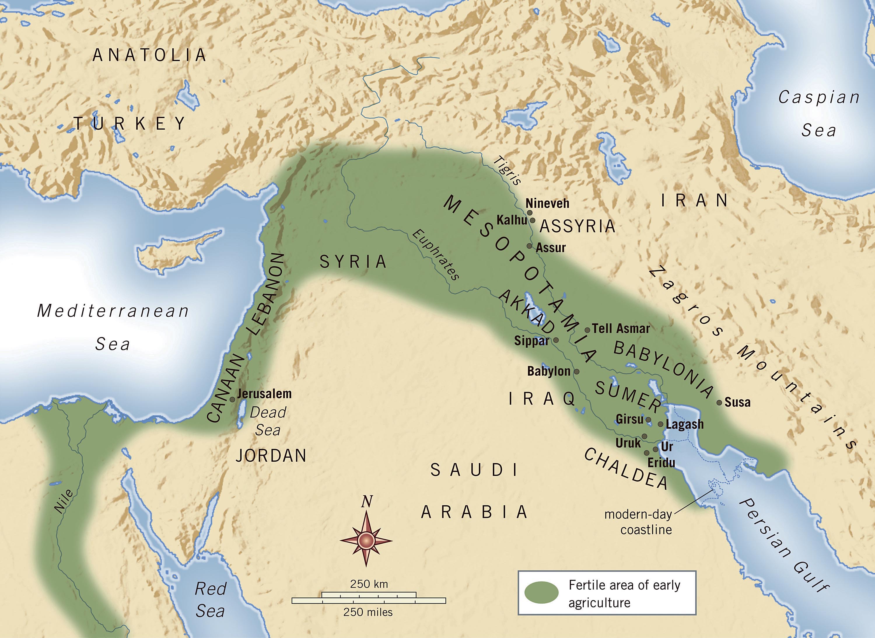 上图:古代美索不达米亚平原。美索不达米亚(Mesopotamia)是古希腊人对两河流域的称呼,两条河指幼发拉底河(Euphrates)和底格里斯河(Tigris),这两条河发源于今天土耳其境内的安纳托利亚(Anatolia)山区,流经美索不达米亚平原,在下游逐渐汇聚成阿拉伯河,流入波斯湾。两河之间的美索不达米亚是由沙漠、山峦和大海环绕而成的平原,周围缺少天然屏障,历史上有许多民族在此接触、入侵、融合,产生了人类最早的古文明,称为两河文明或美索不达米亚文明。这两条河每年氾滥,所以下游土壤肥沃,富含有机物和矿物质,同时该地气候干旱,需要用大规模的人力协作来进行灌溉,从事农业丰产。因此这里很早就形成了成熟的文字、众多的城市及周围的农业社会,相继出现了欧贝德(Ubaid)、乌鲁克(Uruk)、吾珥(Ur)、苏美尔(Sumer)、阿卡德( Akkadian)、巴比伦(Babylon)、亚述(Assyria)等古代文明,最终被波斯和希腊帝国所征服,渐渐被人遗忘。从美索不达米亚到尼罗河(Nile)流域的新月形地带,被称为肥沃新月(Fertile Crescent)。