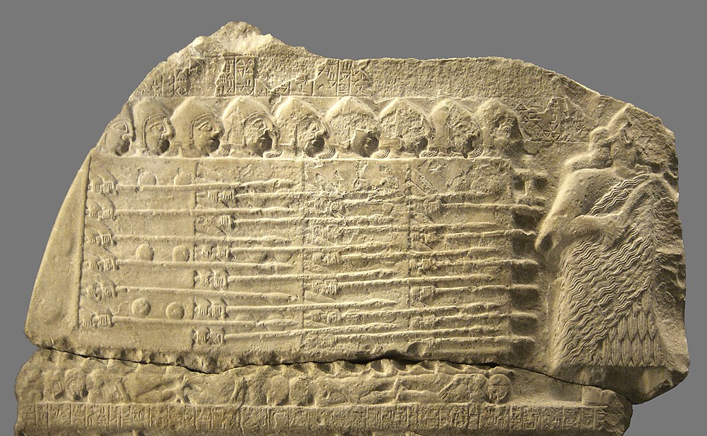 上图:主前2500年的秃鹫石碑(Stele of the Vultures),描绘了古代苏美尔步兵组成的盾牌墙。古代亚述、波斯、希腊、罗马的步兵都是以左手持盾,右手持兵器。当他们排成密集的盾牌墙时,站在右边的战士手中的盾牌,就成为自己的保护。