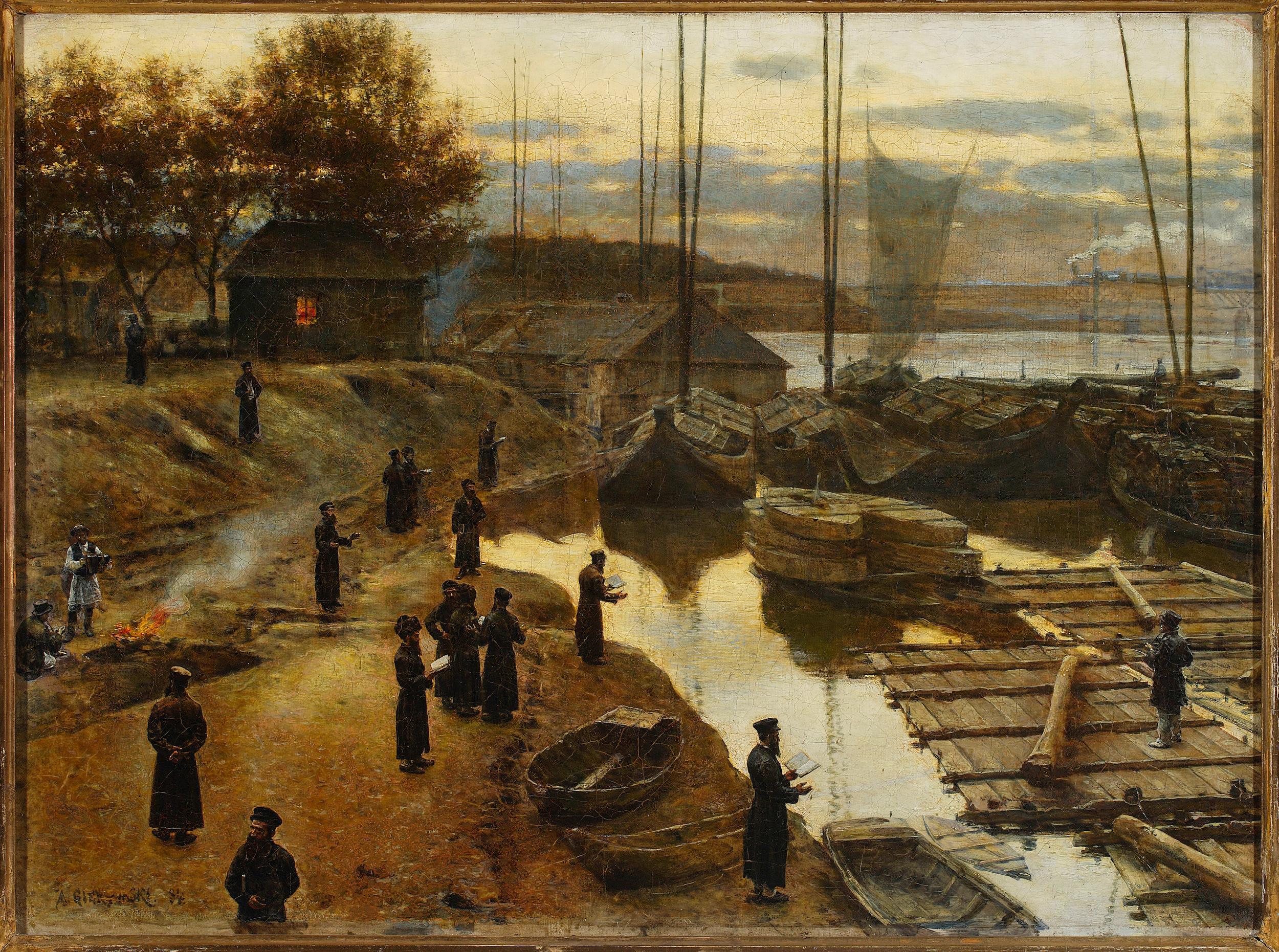 上图:正统哈西迪犹太人(Hasidic)于吹角节在河边祷告(Aleksander Gierymski绘于1884年)。阿什肯纳兹犹太人(Ashkenazic)和大部分塞法迪犹太人(Sephardic)在午后要到海边、河边或有流水的地方举行赎罪仪式(Tashlikh),诵读「神啊,有何神像你,赦免罪孽,饶恕你产业之余民的罪过,不永远怀怒,喜爱施恩?必再怜悯我们,将我们的罪孽踏在脚下,又将我们的一切罪投于深海」(弥七18-19),并诵读「在我圣山的遍处,这一切都不伤人,不害物;因为认识耶和华的知识要充满遍地,好像水充满洋海一般」(赛十一9)。