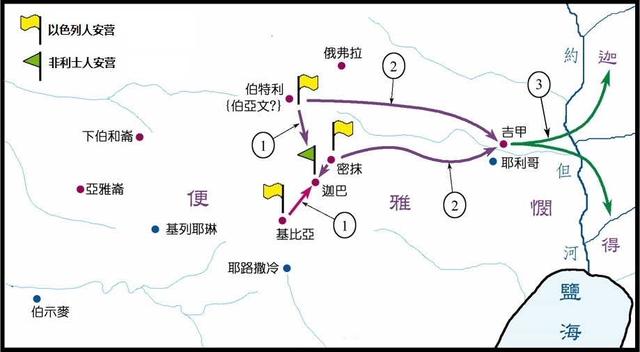上图:密抹之战示意图之一:1.扫罗登基的第二年,领了二千人驻守在密抹和伯特利山,他的儿子约拿单领一千人驻守基比亚。约拿单攻击迦巴非利士人的防营(撒上十三1-3);2、以色列人跟随扫罗聚集在吉甲(撒上十三4);3、非利士人增兵,攻占了密抹,许多以色列人逃到约旦河东的迦得和基列,扫罗原有的二千人只余下六百人(撒上十三5-7),扫罗在吉甲没有等候撒母耳,自行献祭(撒上十三8-14)。