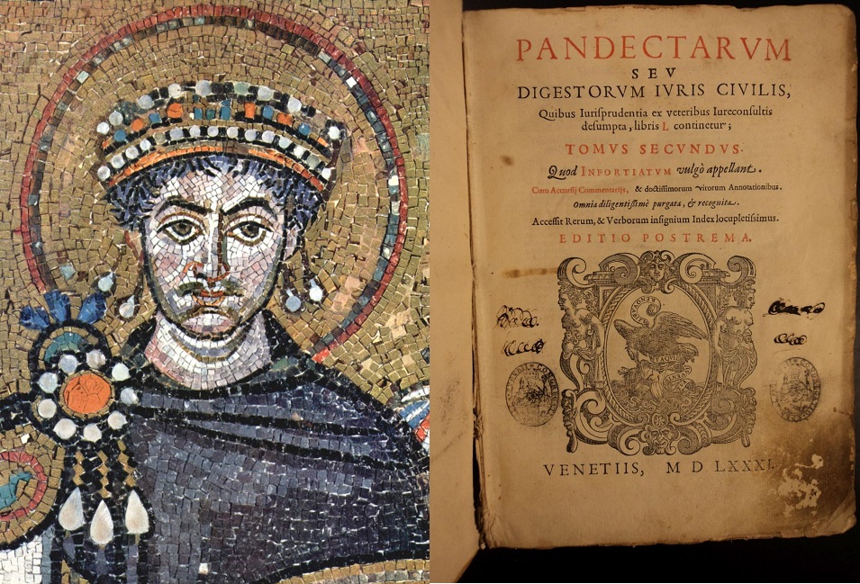 上图:东罗马皇帝查士丁尼一世(Justinian I,主后527-565年在位)和他所编撰的《查士丁尼法典 Code of Justinian》(又称《民法大全 Corpus Juris Civilis》,1581年版)。罗马帝国以法制闻名于史,罗马法是罗马共和国及罗马帝国所制定的法律规范的总称,于东罗马帝国皇帝查士丁尼一世时期达到鼎盛。罗马法奠定了后世法学、尤其是大陆法系民法典的基础。世界最早的大学最初往往只有神学和法律两个专业,而法律学习的就是《民法大全》。