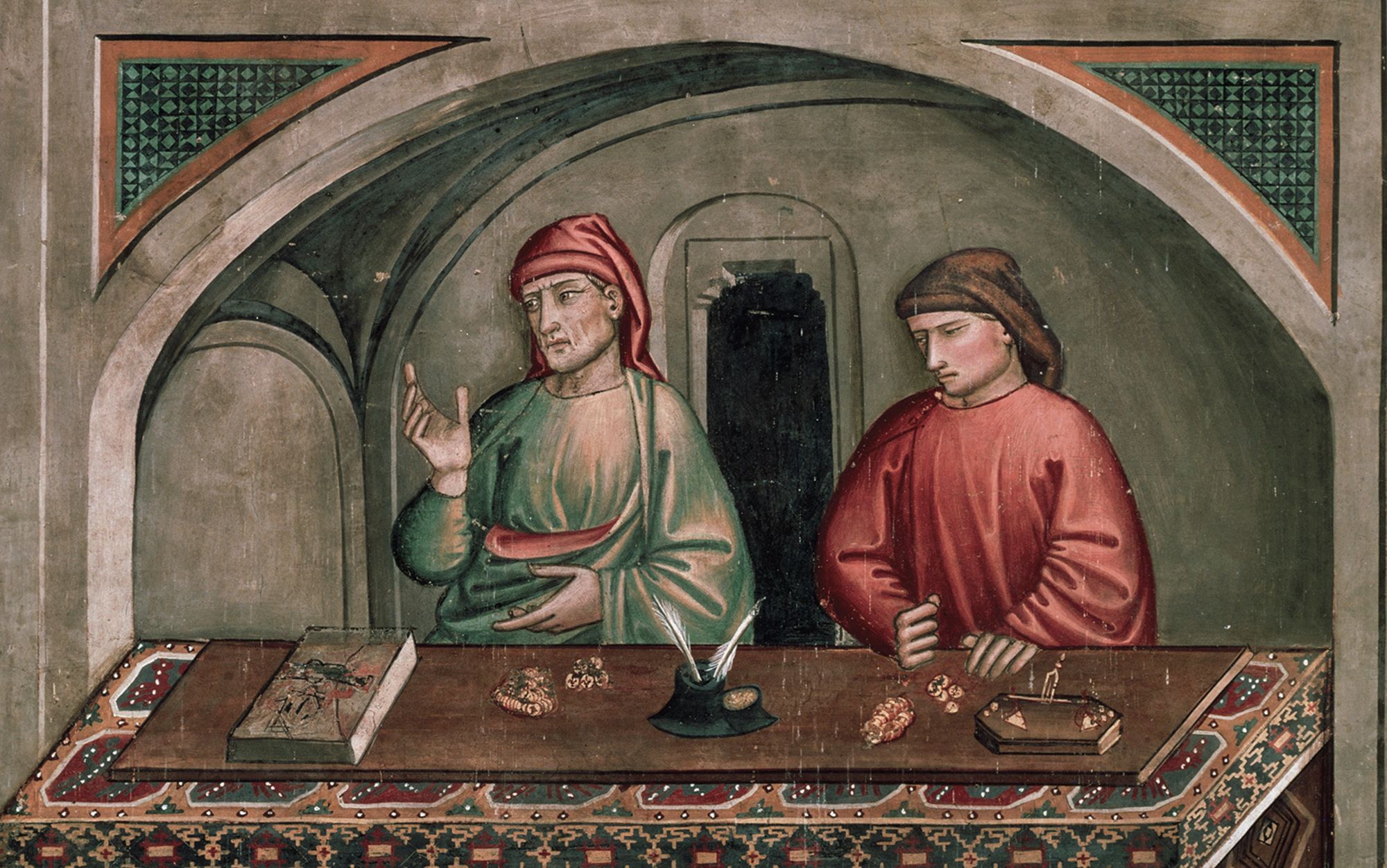 上图:意大利画家尼科洛·佩德罗·吉利尼(Niccolo' di Pietro Gerini)于1390-1399年在意大利普拉托的圣弗朗西斯科教堂(Church of San Francesco, Prato)创作的《圣马太的生活场景 Calling of St Matthew the Evangelist, scenes from the Life of St Matthew》。使徒马太在中世纪被当作银行家和会计师的守护圣人。